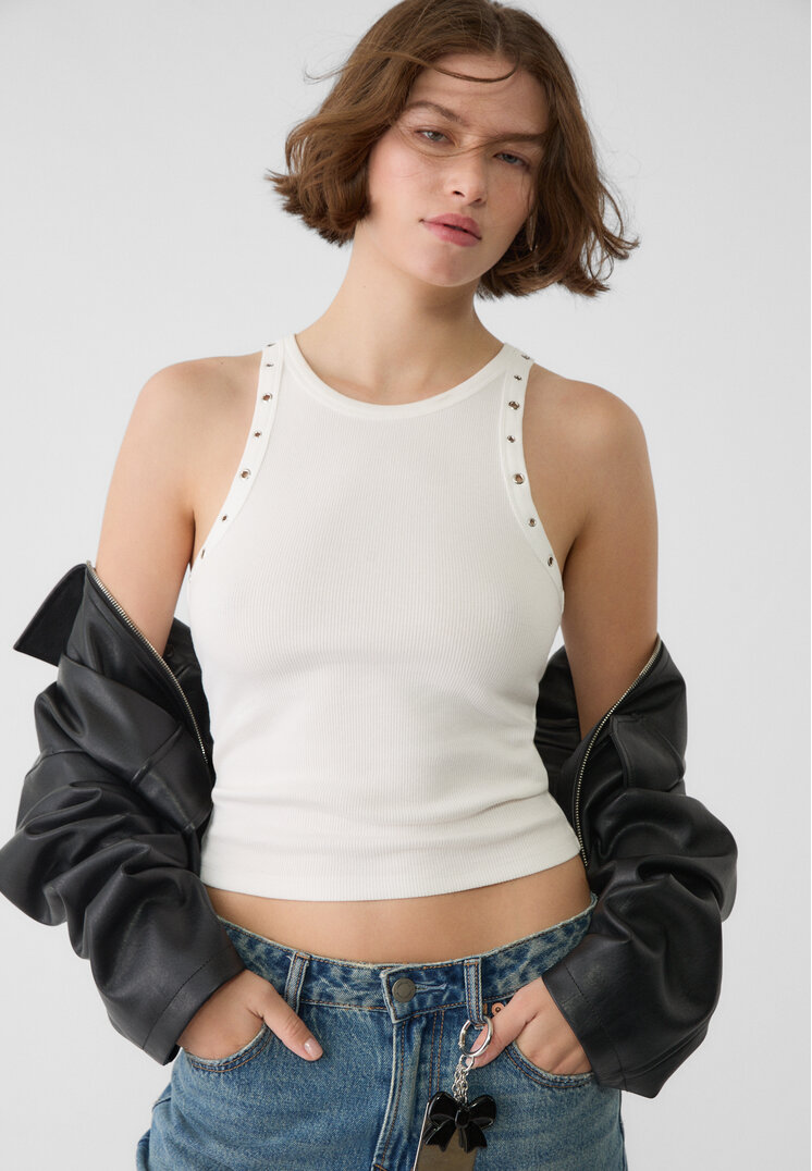 Stradivarius Tricou Racer Cu Ținte Ecru S
