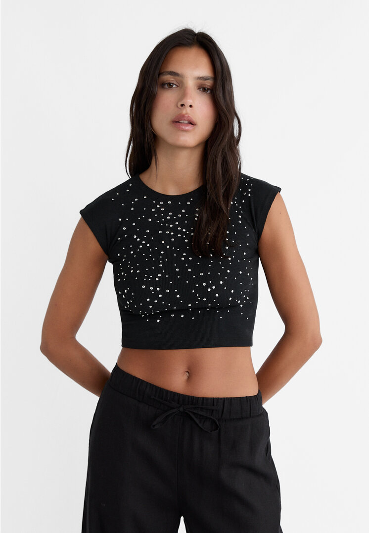 Stradivarius Tricou Cu Mânecă Mini Și Ținte Negru S