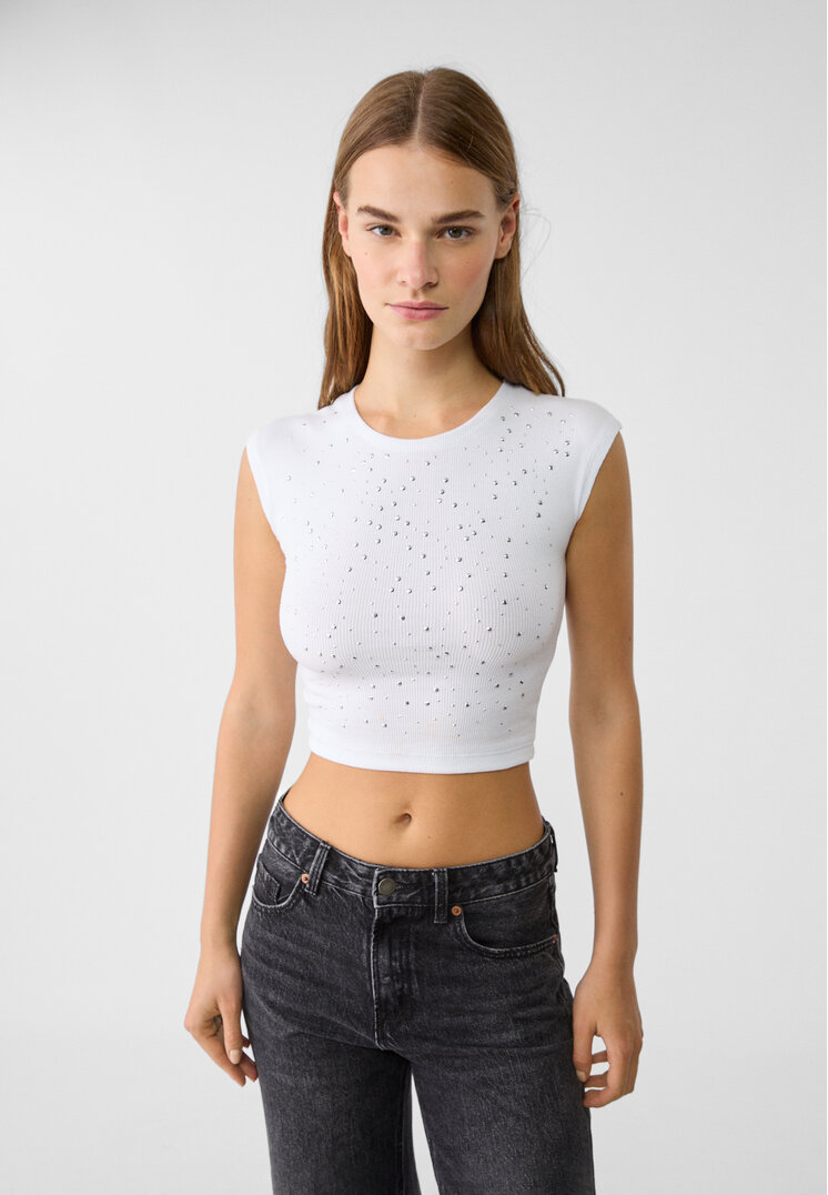 Stradivarius Tricou Cu Mânecă Mini Și Ținte Ecru Xs