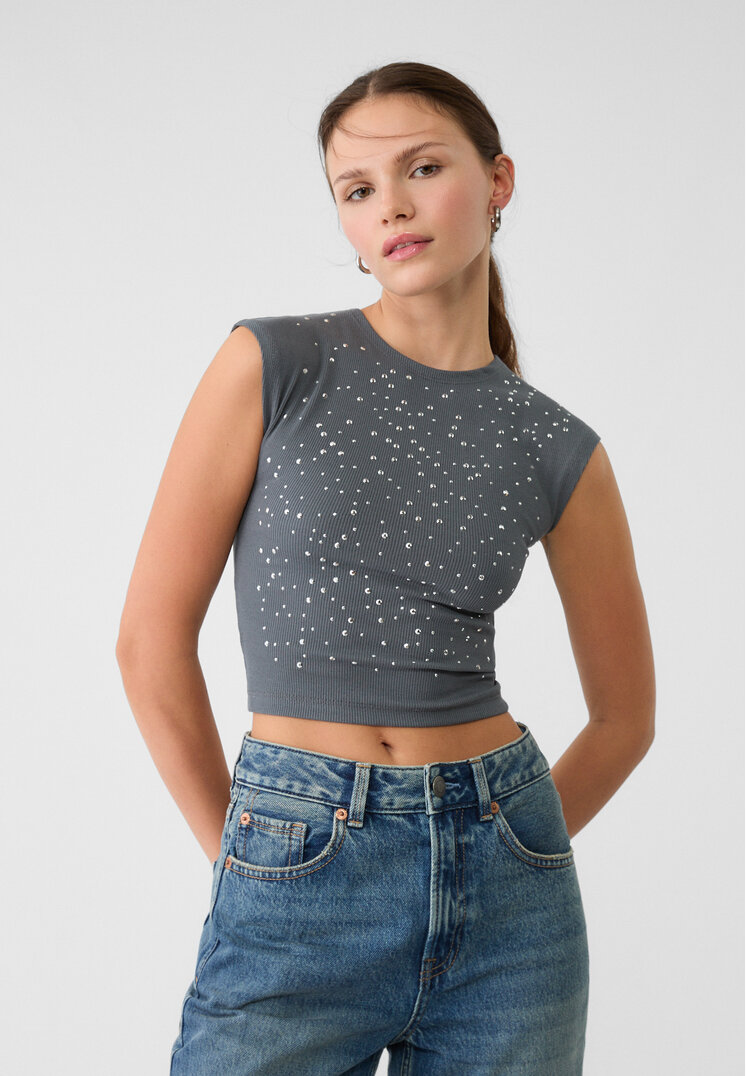 Stradivarius Tricou Cu Mânecă Mini Și Ținte Gri Închis L