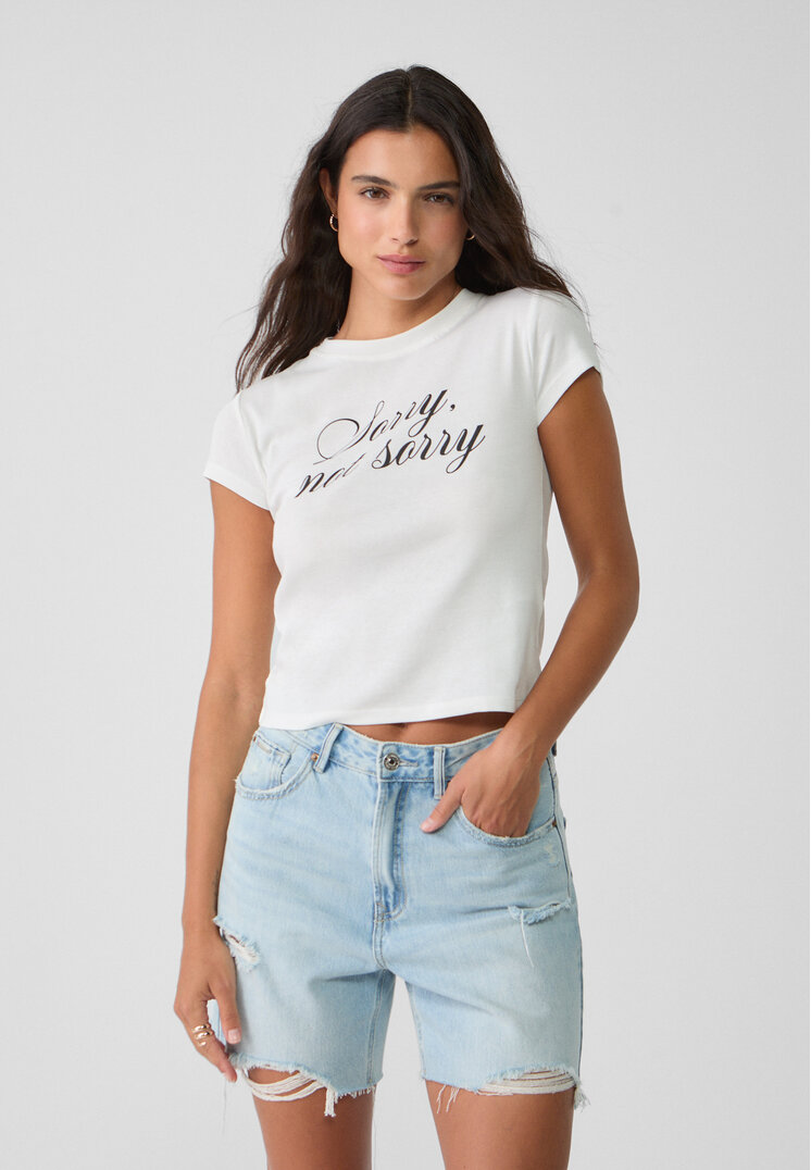 Stradivarius Tricou Cu Imprimeu „Sorry” Ecru M