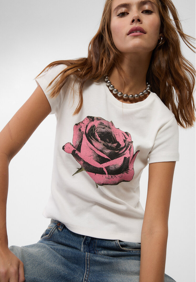 Stradivarius Tricou Cu Trandafir Imprimat Ecru L