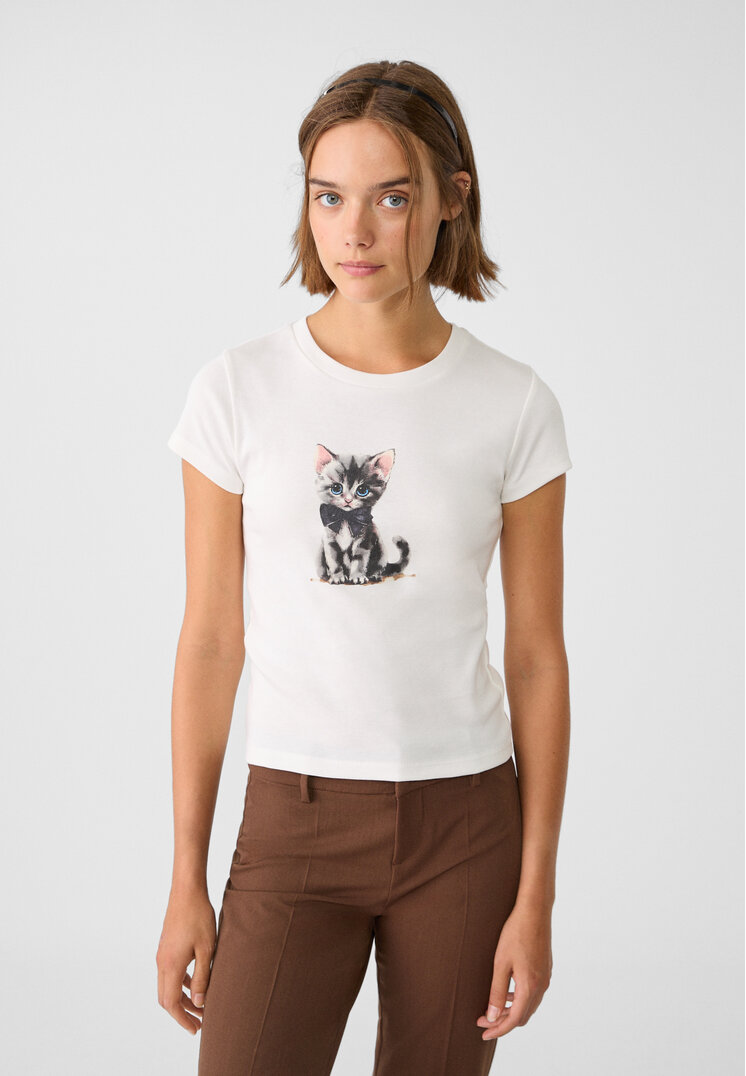 Stradivarius Tricou Cu Imprimeu Pisică Alb Xs