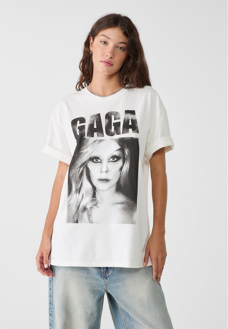 Stradivarius Tricou Oversize Lady Gaga Alb L
