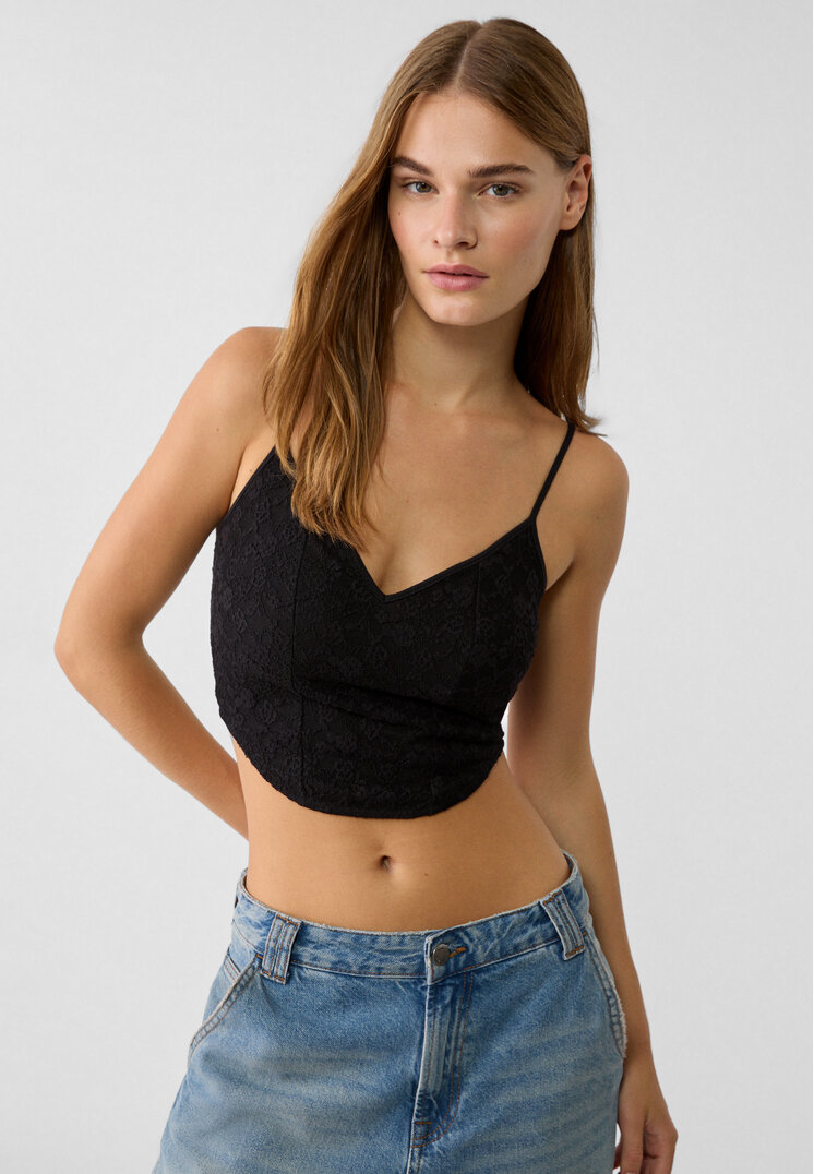 Stradivarius Top Cu Dantelă Și Bretele Negru Xs