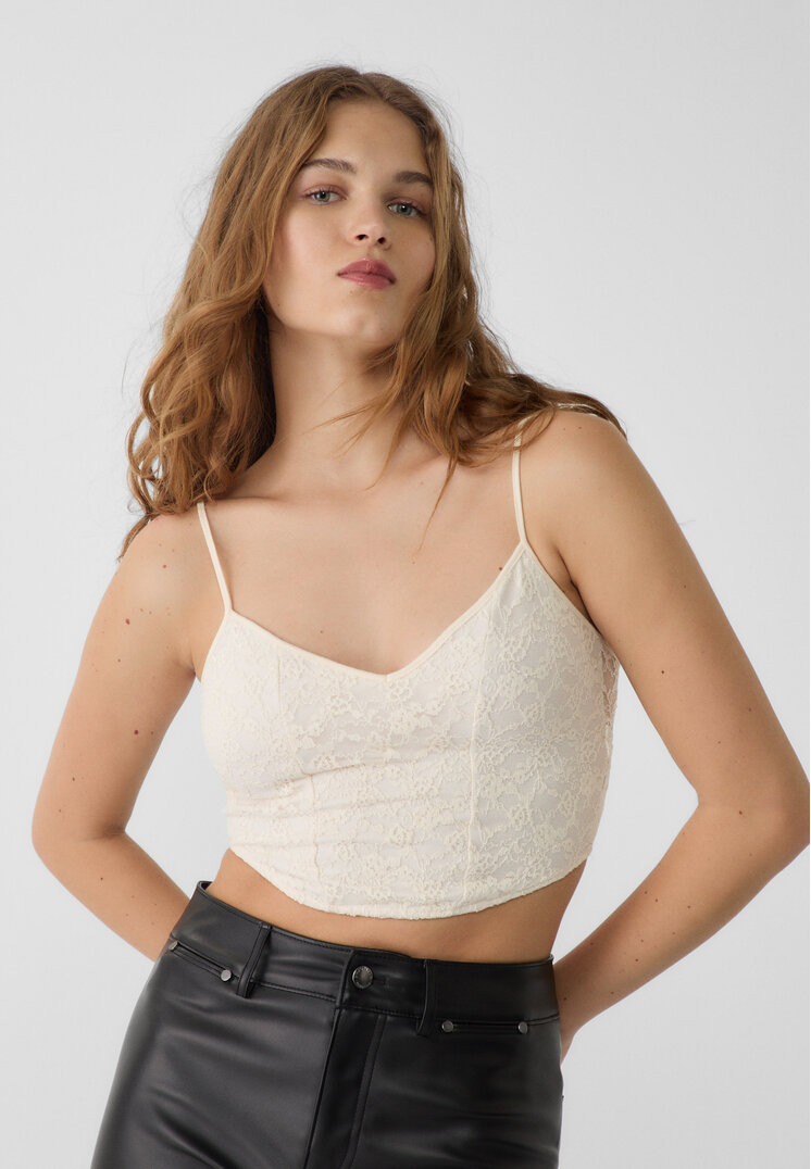 Stradivarius Top Cu Dantelă Și Bretele Vanilie M