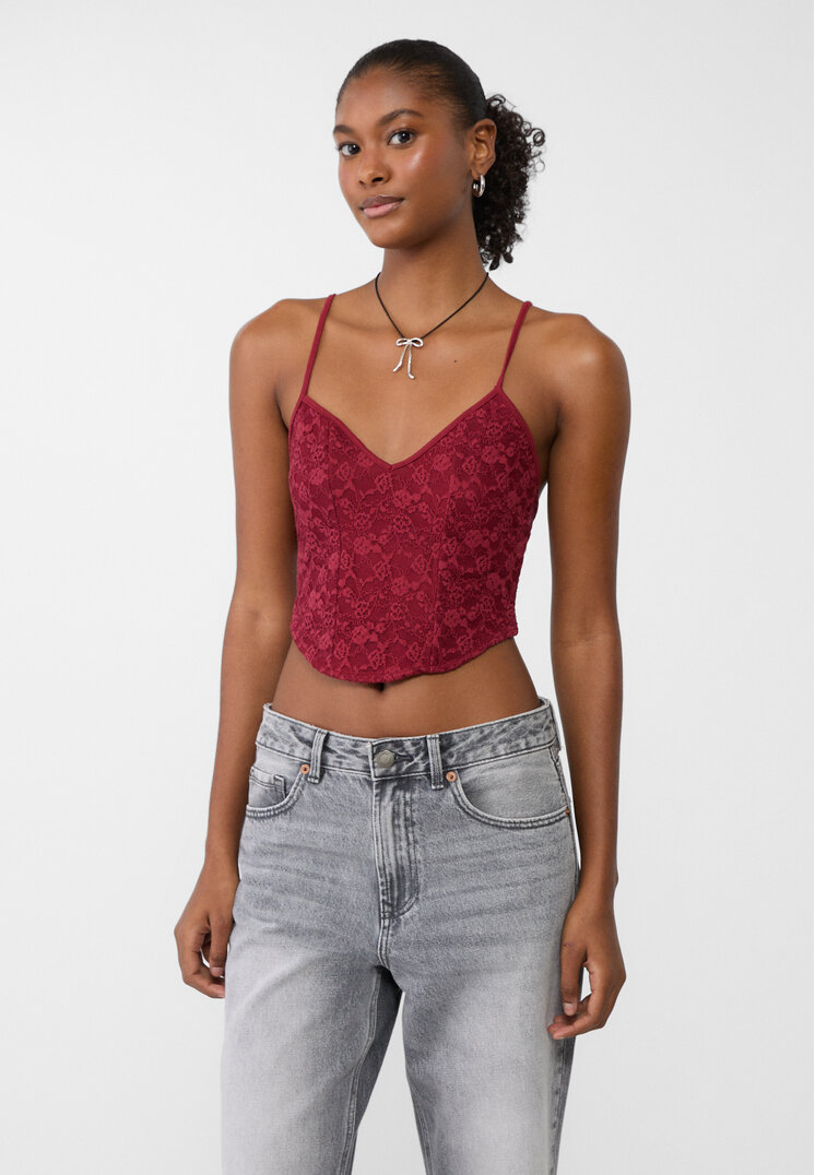 Stradivarius Top Cu Dantelă Și Bretele Grena Xl