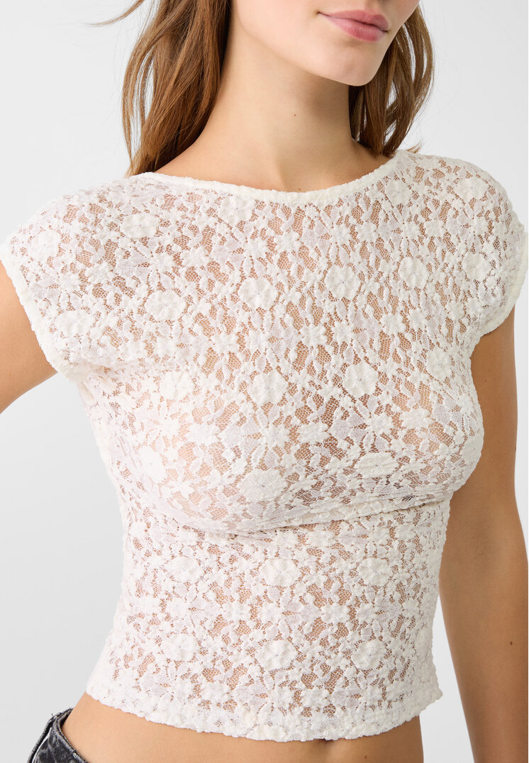 Stradivarius Maglietta in pizzo con schiena scoperta  Vaniglia S