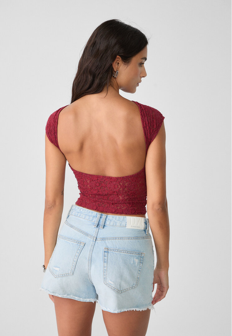Stradivarius Lace top with open back  Burgundy L