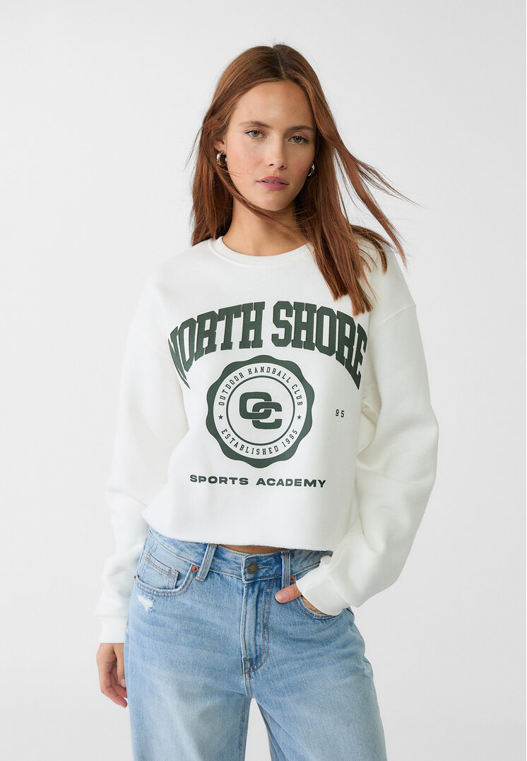 Stradivarius Hanorac Scurt Cu Imprimeu Ecru M