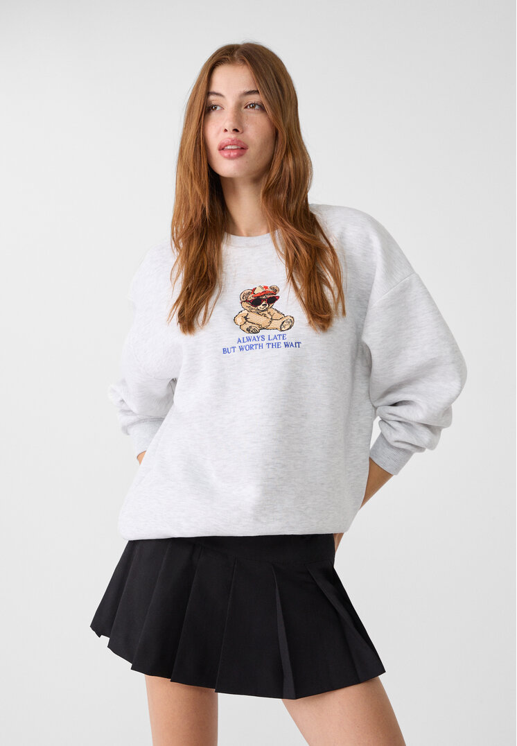 Stradivarius Bluză Sport Regular Fit Cu Urs Brodat Gris Amestec Xs