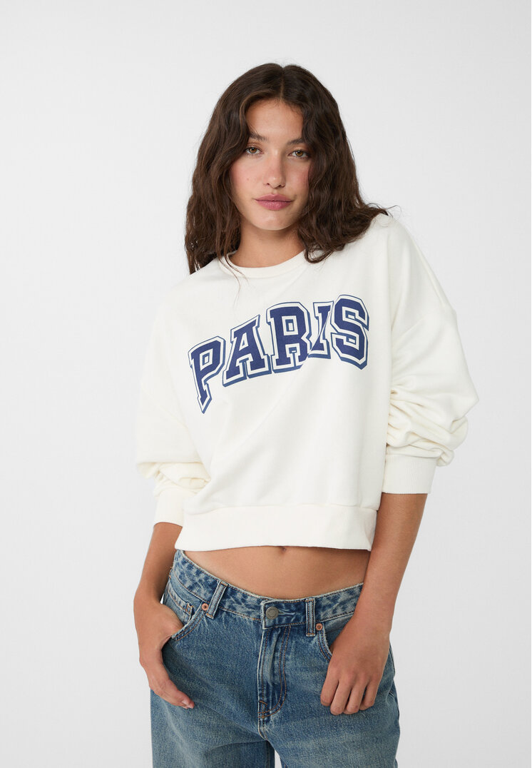 Stradivarius Bluză Sport Cropped Cu Imprimeu Ecru Xl