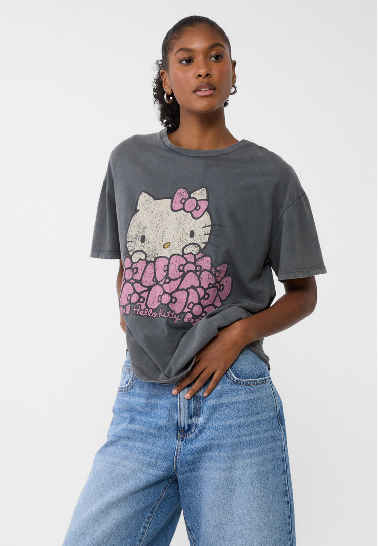Stradivarius Tricou Oversize Hello Kitty Gri Închis L