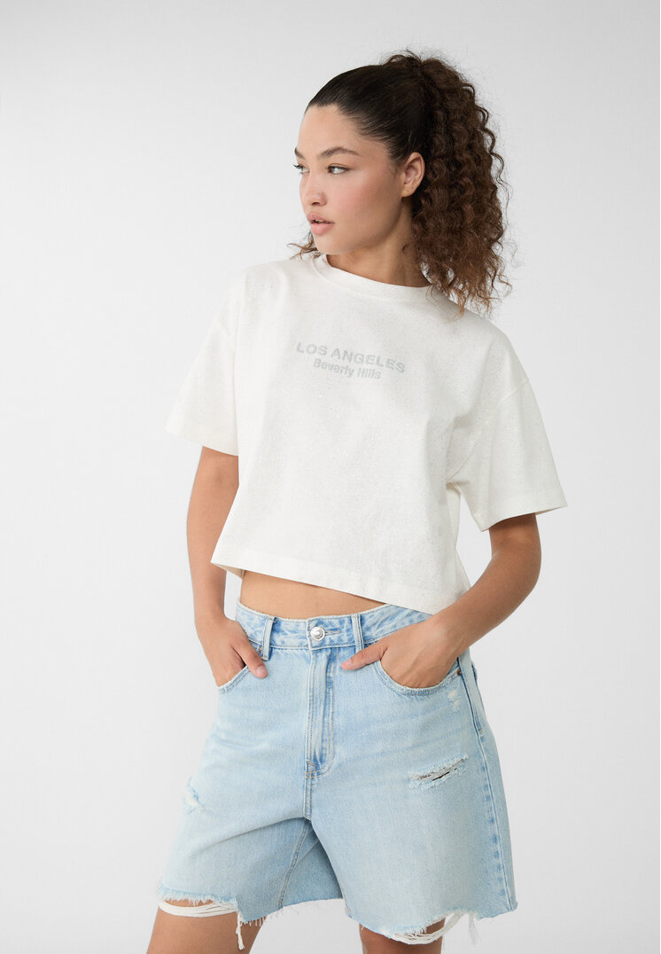 Stradivarius Tricou Cropped Cu Text Ecru M