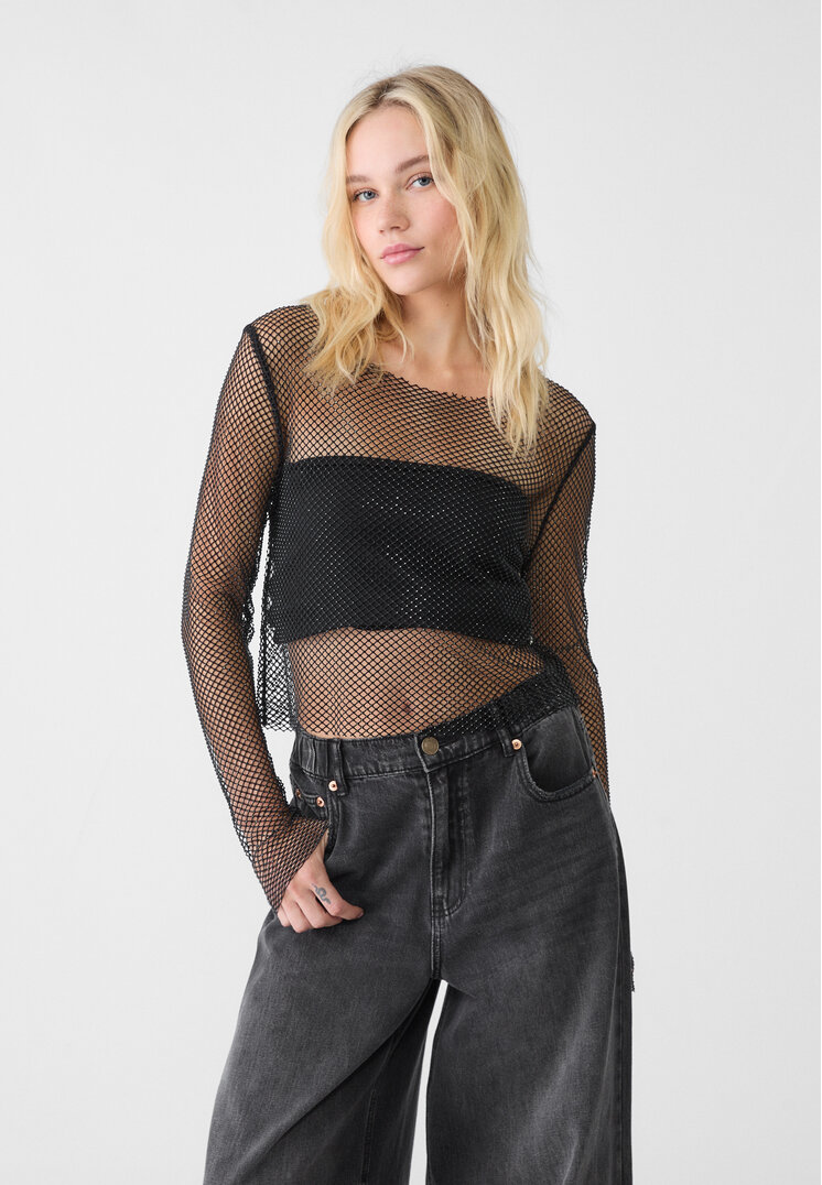 Stradivarius Tricou Din Plasă Cu Accente Strălucitoare Negru Xs