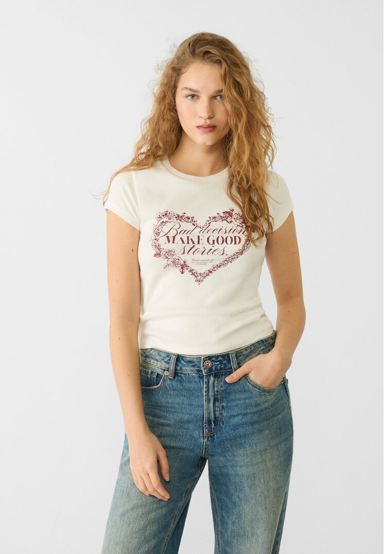 Stradivarius Tricou Fitted Imprimeu Ținte Ecru L