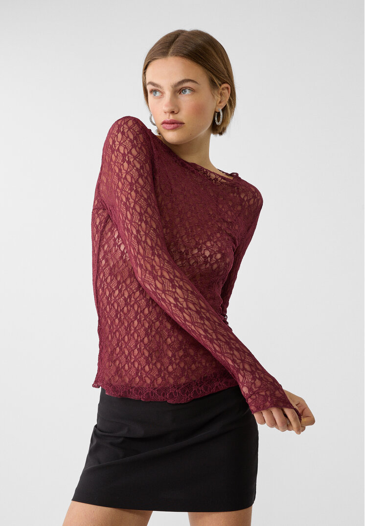 Stradivarius Tricou Cu Mânecă Lungă Și Dantelă Grena M