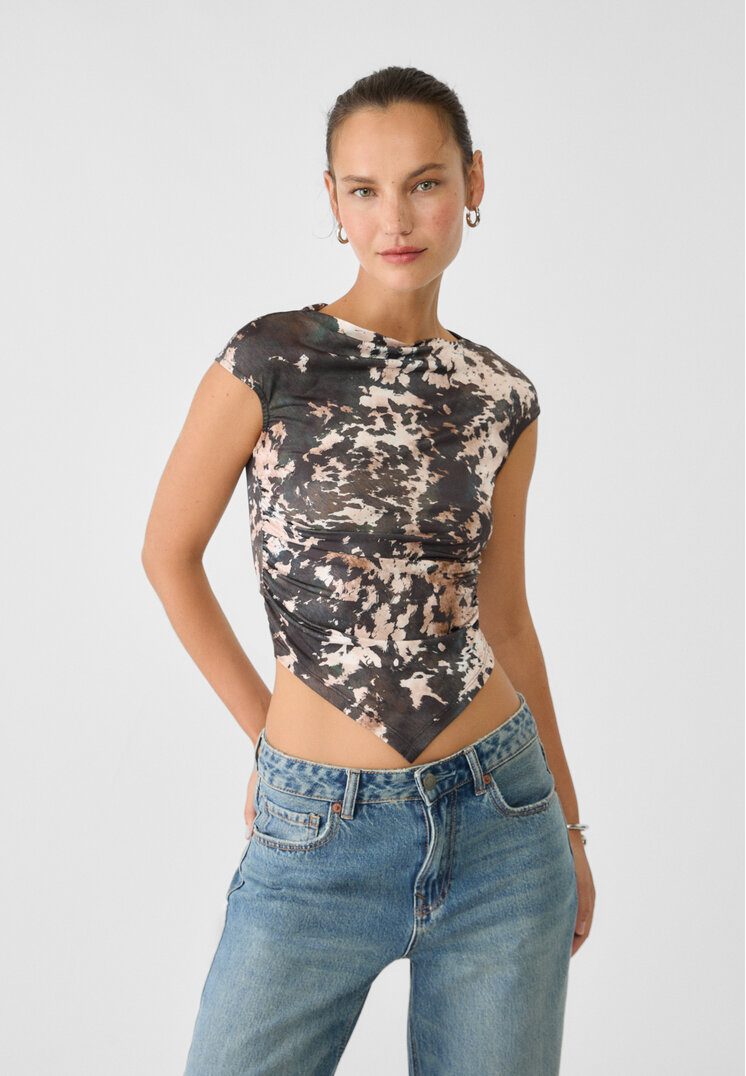 Stradivarius Tricou Asimetric Cu Mânecă Foarte Scurtă Și Imprimeu Maro Xs