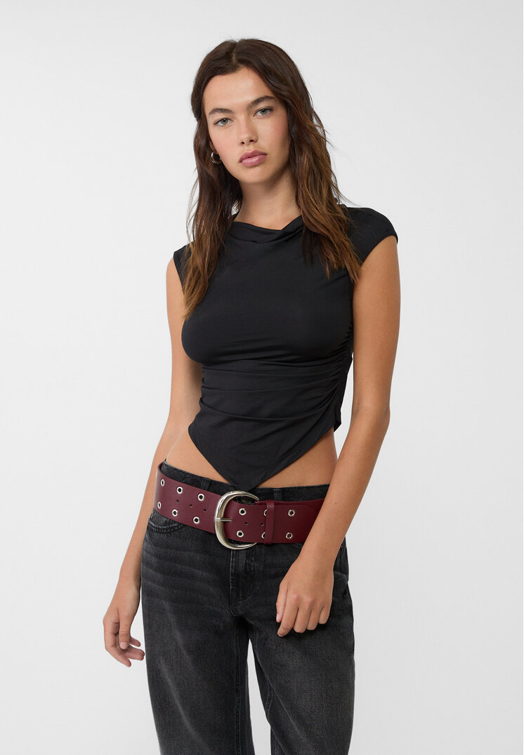 Stradivarius Tricou Asimetric Cu Mânecă Foarte Scurtă Negru L