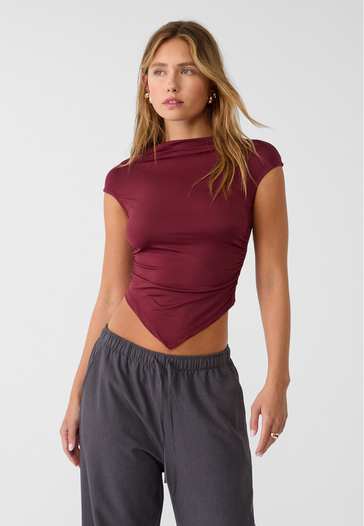 Stradivarius Tricou Asimetric Cu Mânecă Foarte Scurtă Grena Xl