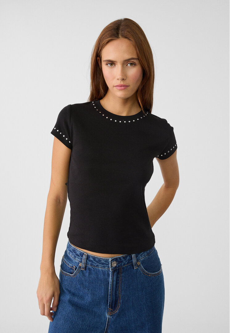 Stradivarius Tricou Regular Fit Cu Ținte Negru S