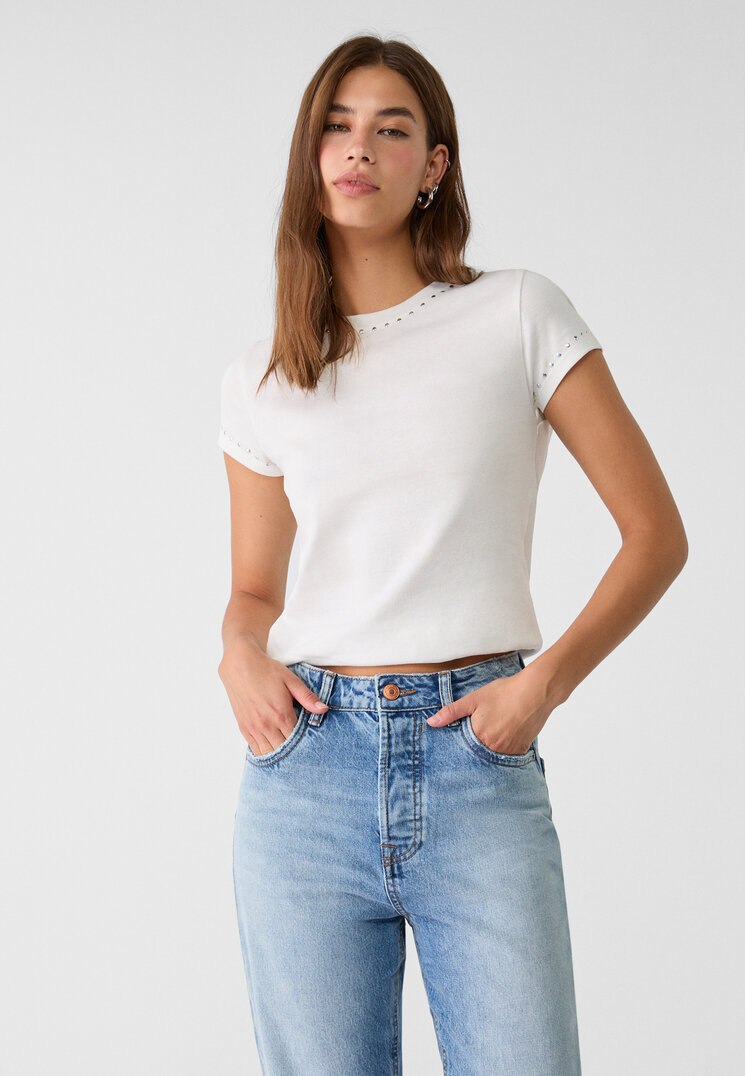 Stradivarius Tricou Regular Fit Cu Ținte Ecru Xs