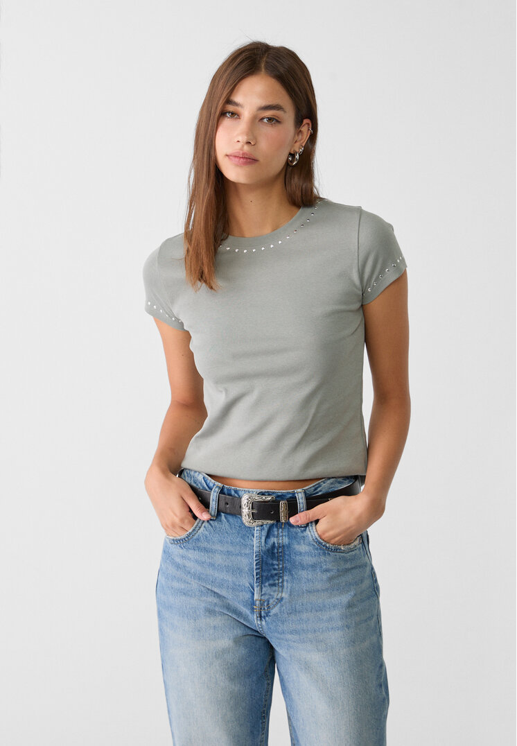Stradivarius Tricou Regular Fit Cu Ținte Kaki M
