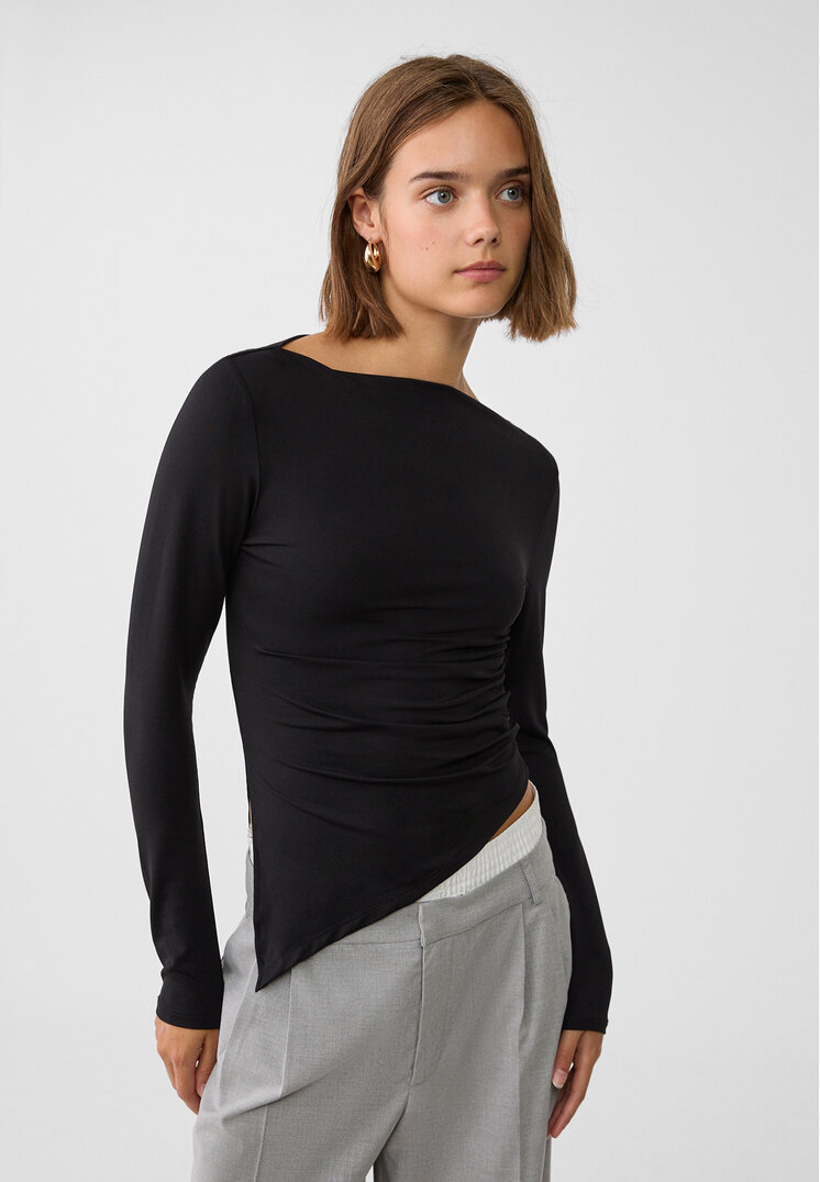 Stradivarius Tricou Asimetric Cu Mânecă Lungă Negru S