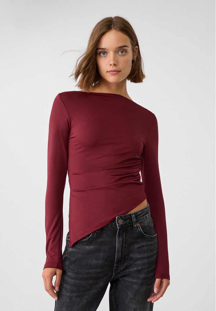 Stradivarius Tricou Asimetric Cu Mânecă Lungă Grena Xl