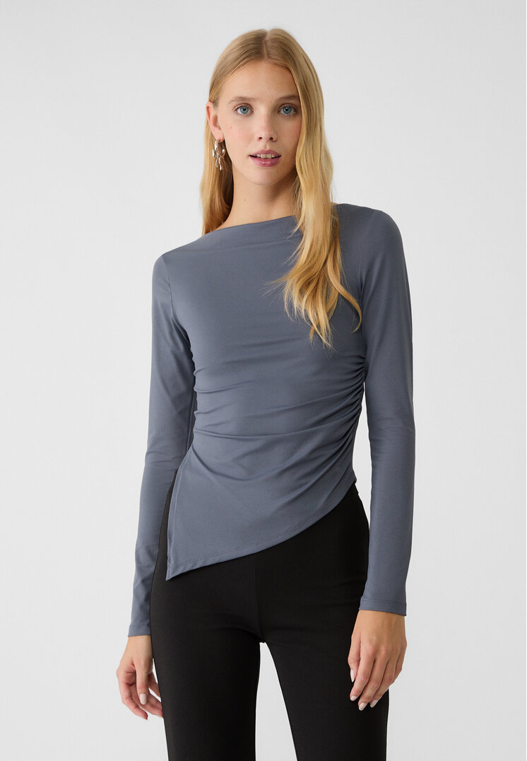 Stradivarius Tricou Asimetric Cu Mânecă Lungă Gri Închis L