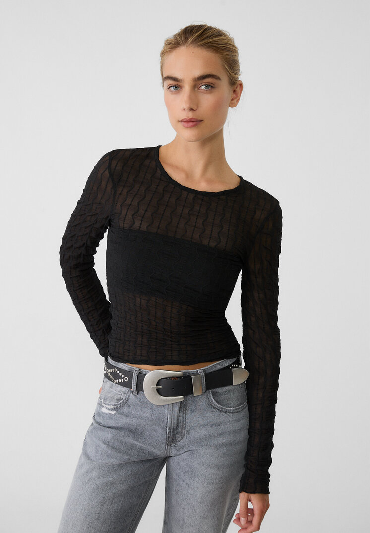 Stradivarius Tricou Din Tul Cu Onduleuri Negru L