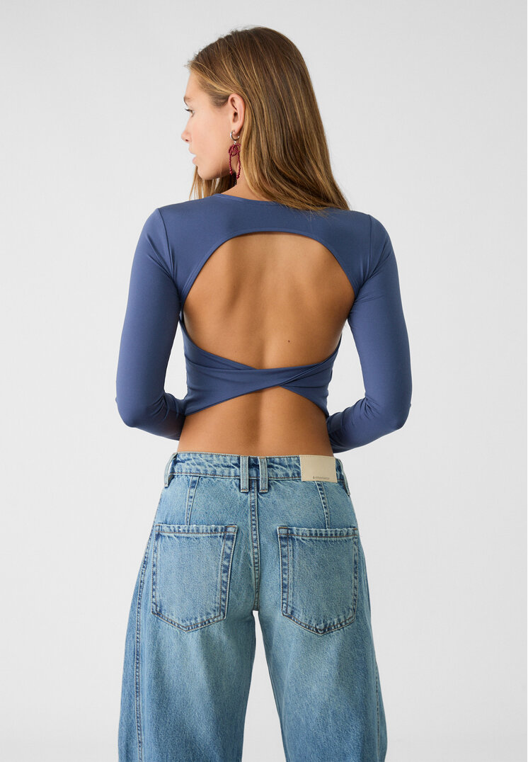 Stradivarius Tricou Scurt Cu Spatele Gol Indigo L