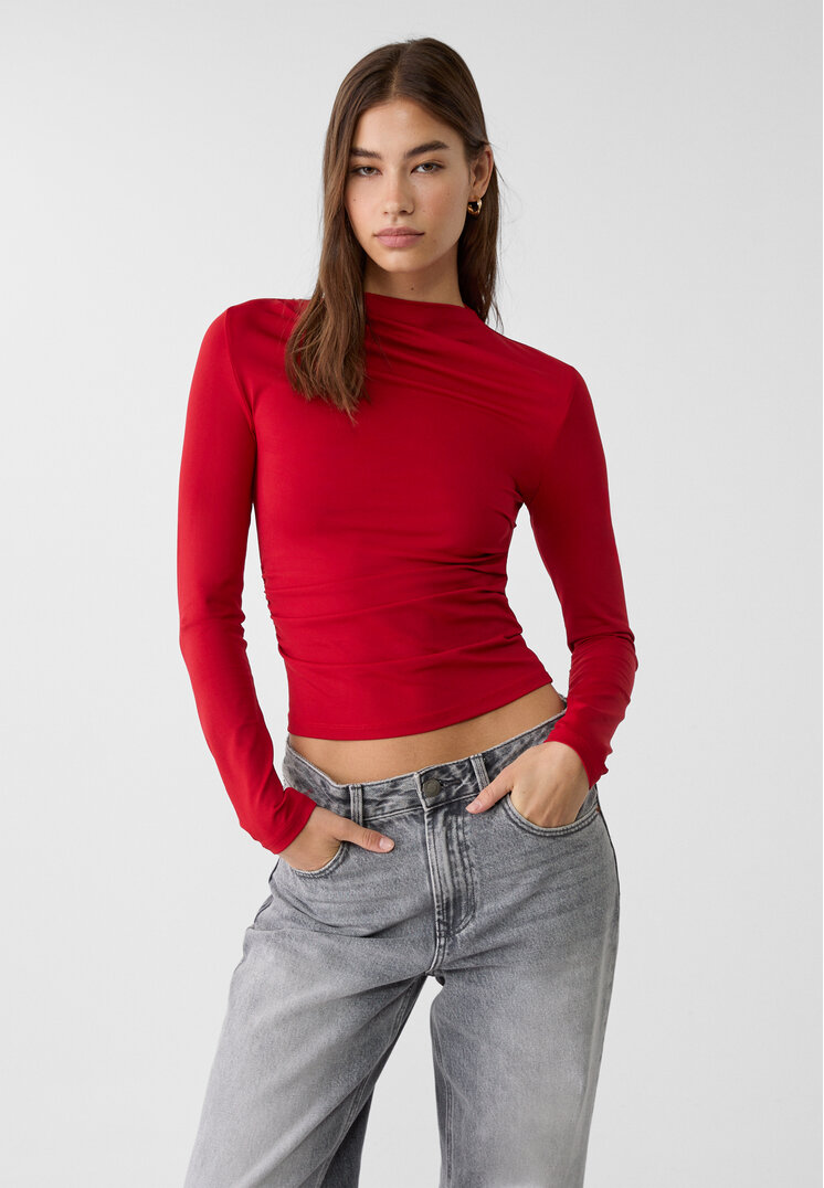 Stradivarius Tricou Mânecă Lungă Fronseu Roșu L