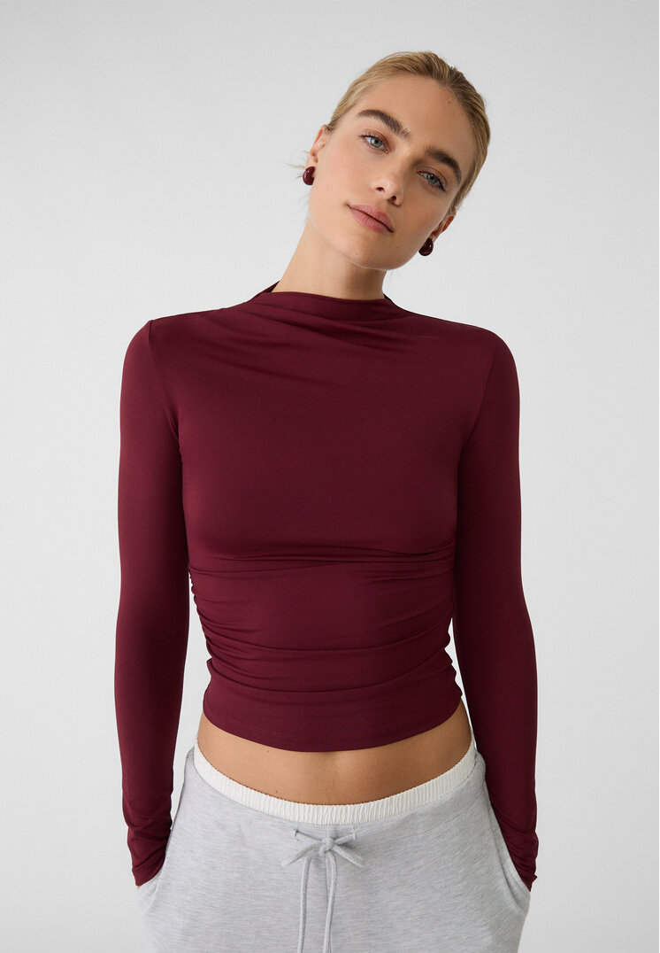 Stradivarius Tricou Mânecă Lungă Fronseu Grena Xs