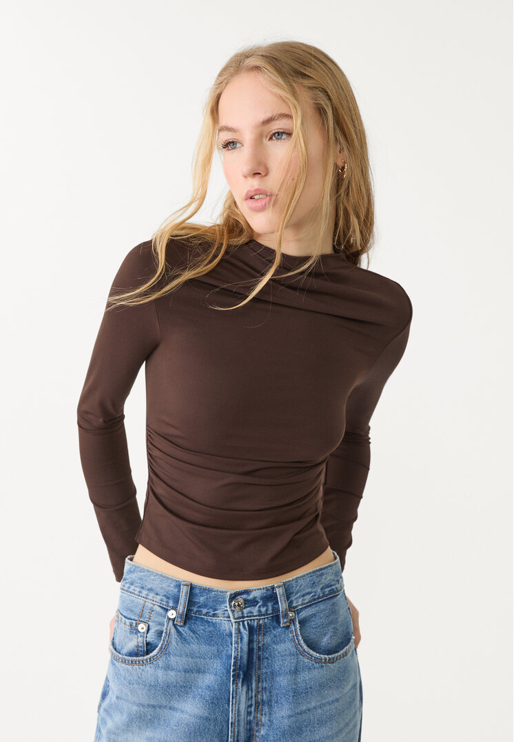 Stradivarius Tricou Mânecă Lungă Fronseu Maro Xl