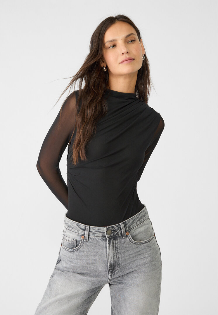 Stradivarius Body Din Tul Cu Fronseuri Negru Xl