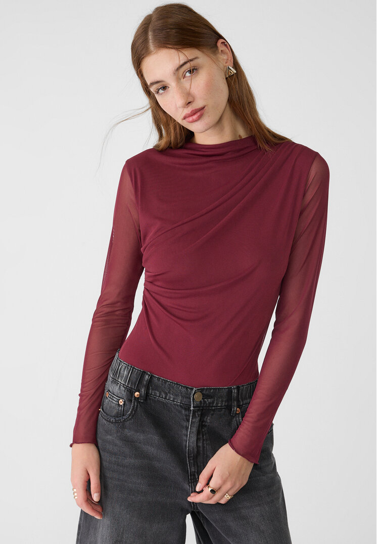 Stradivarius Body Din Tul Cu Fronseuri Grena L