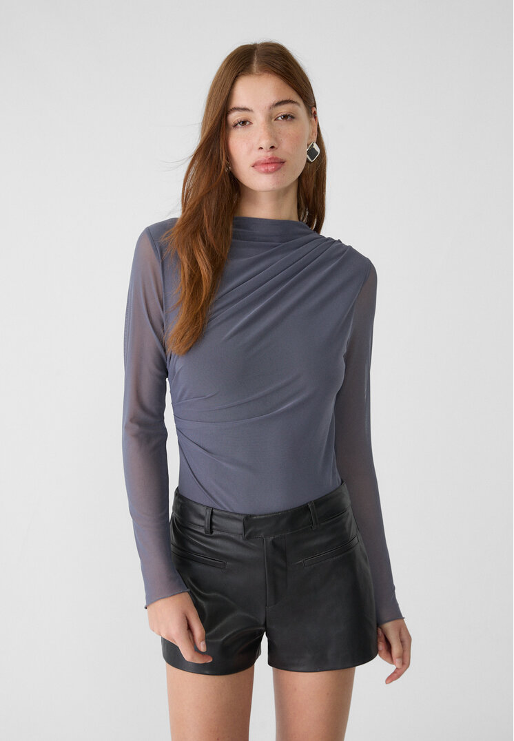 Stradivarius Body Din Tul Cu Fronseuri Gri Închis M