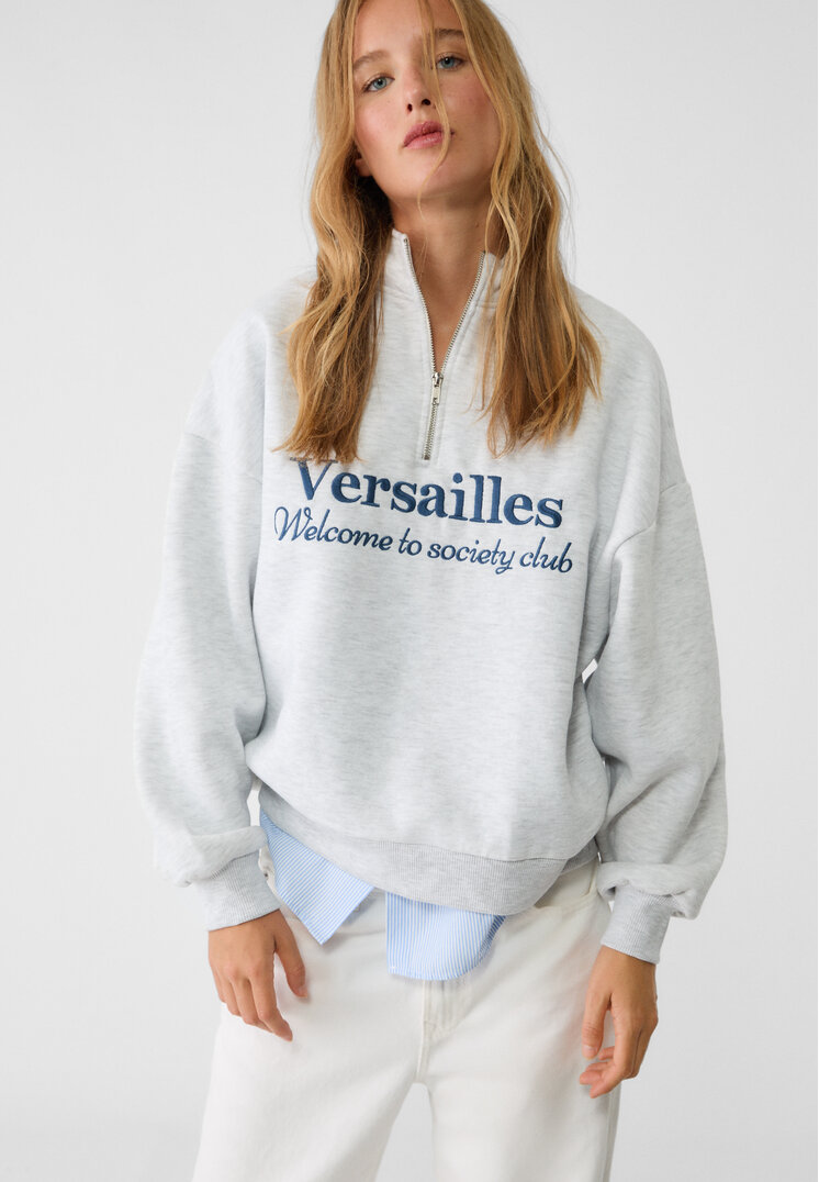 Stradivarius Hanorac Cu Fermoar Și Broderii Gris Amestec S