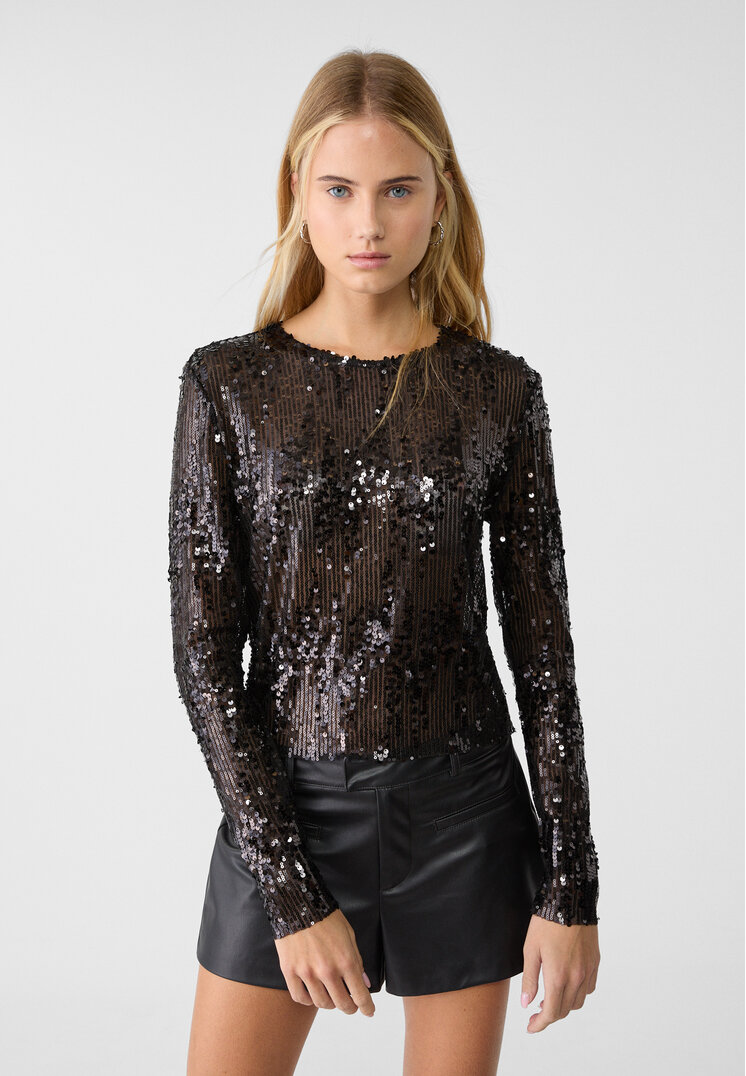 Stradivarius Tricou Cu Mânecă Lungă Și Paiete Negru L