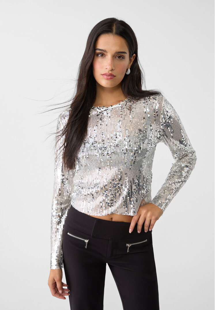 Stradivarius Tricou Cu Mânecă Lungă Și Paiete Ecru Xs
