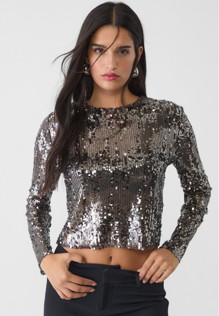 Stradivarius Tricou Cu Mânecă Lungă Și Paiete Gri Închis S