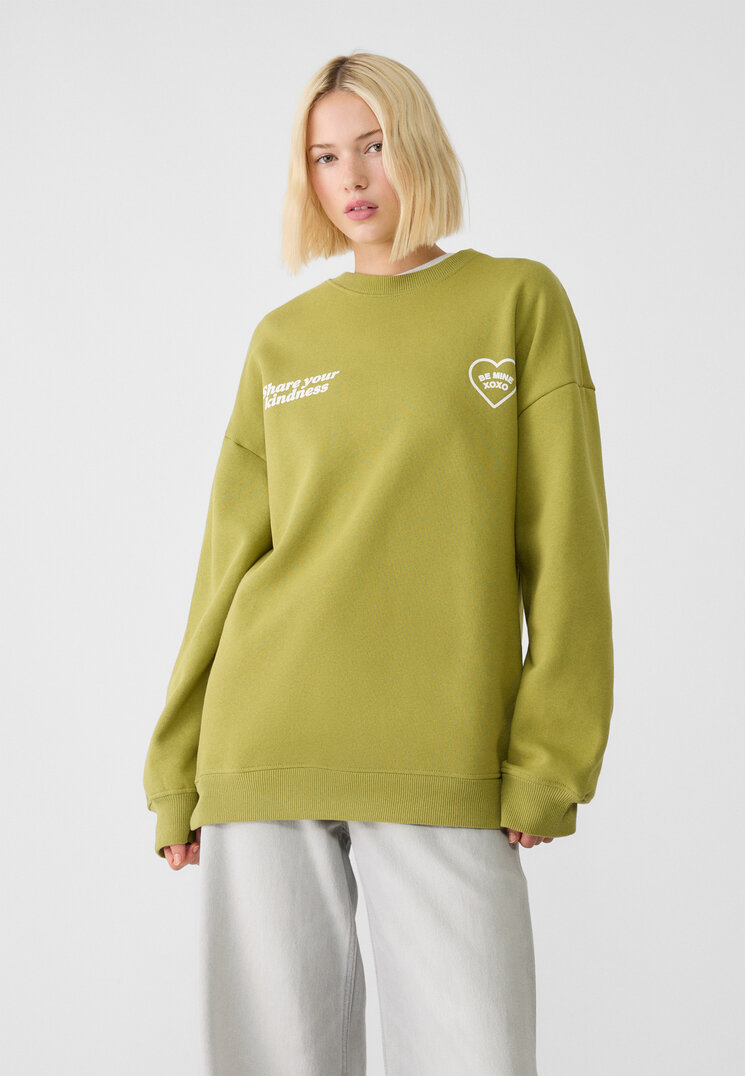 Stradivarius Bluză Sport Imprimeu Text Verdes Fistic M