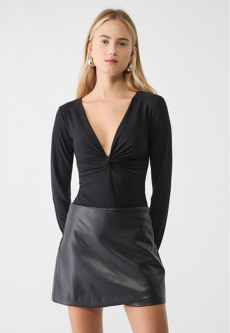 Stradivarius Gathered V-neckline bodysuit Black XS
