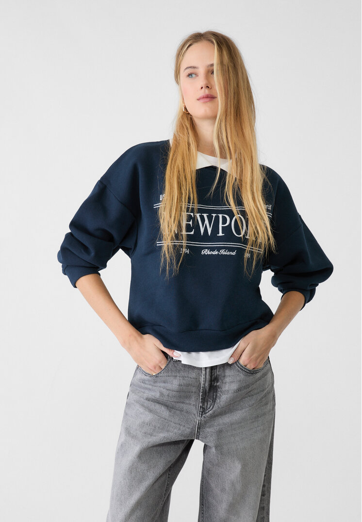 Stradivarius Hanorac Polo Cu Broderie Albastru Închis L