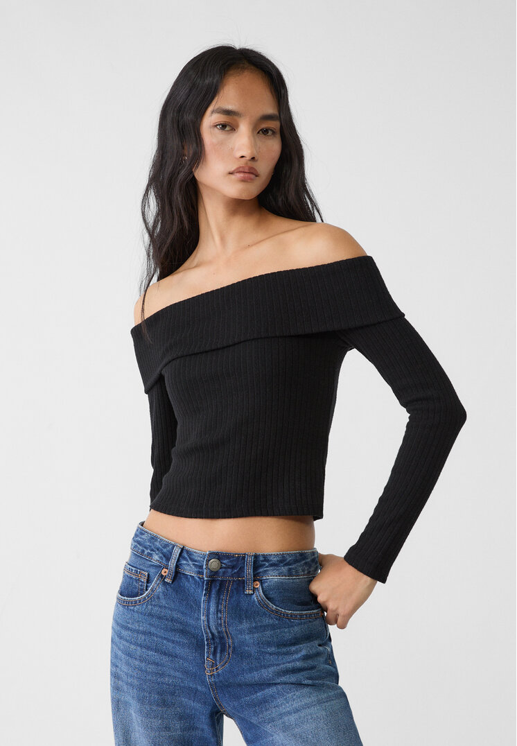 Stradivarius Tricou Cu Umeri Goi Negru S