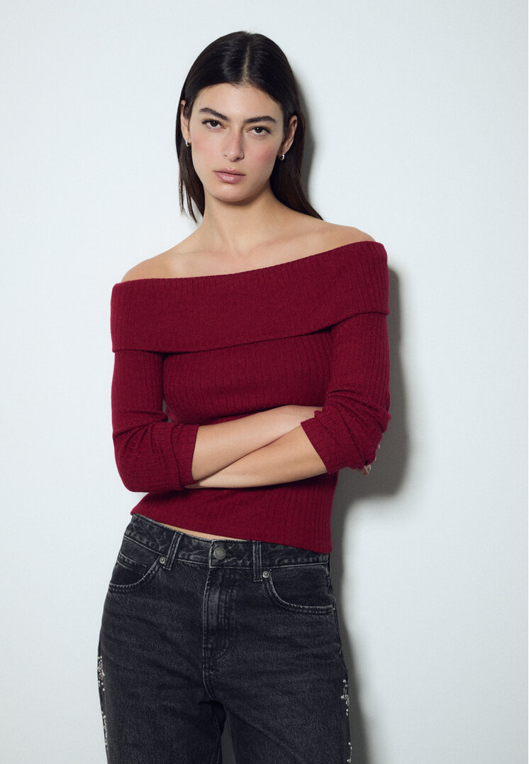 Stradivarius Tricou Cu Umeri Goi Grena Xl