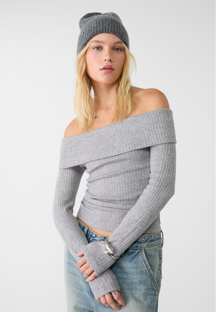 Stradivarius Tricou Cu Umeri Goi Gris Amestec Xs