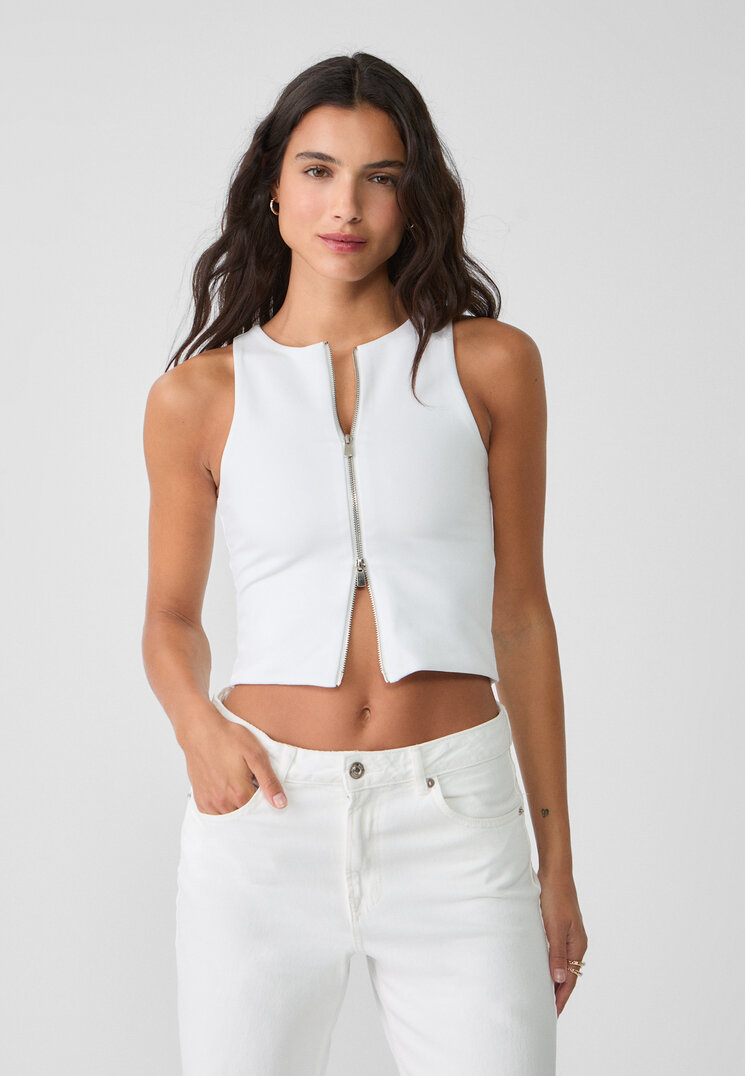 Stradivarius Top Cu Fermoar Dublu Alb L