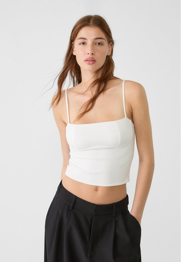 Stradivarius Top Cu Decolteu Drept Și Bretele Ecru Xs